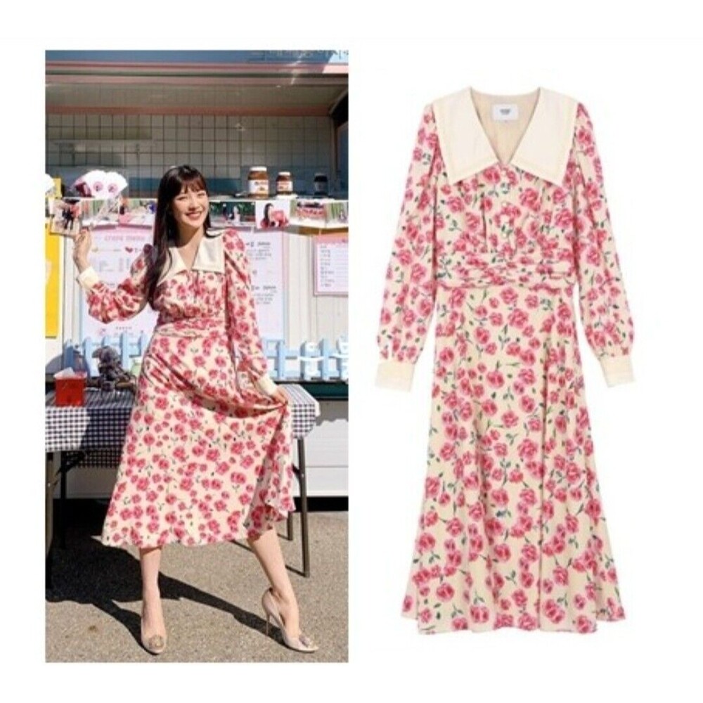 EOS LA MODE  Floral Red Midi Dress Long Sleeve Vintage Looking Midi Dress Size M